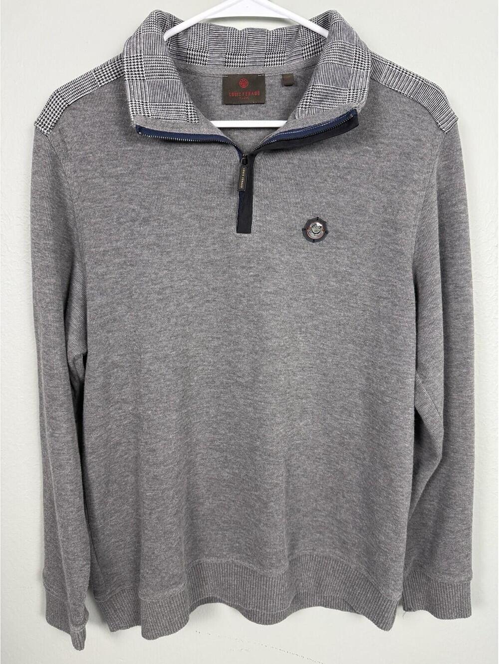 Louis Feraud Paris Men's Gray 1/4 Zip Sweater Glen Plaid Collar Size M